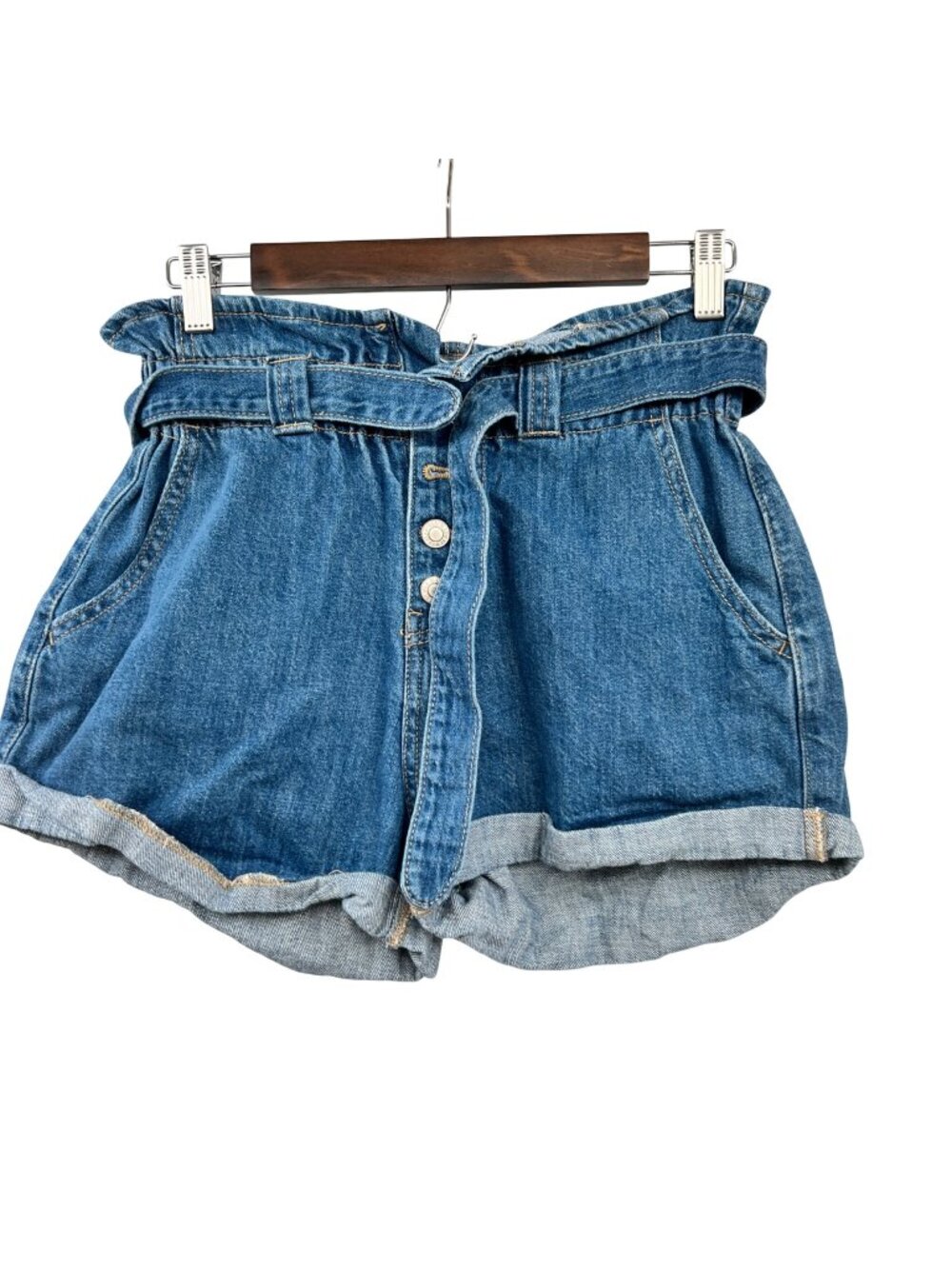 Wax Jeans Paperbag Jean Shorts Cuffed Button Fly Belted Blue Size Small